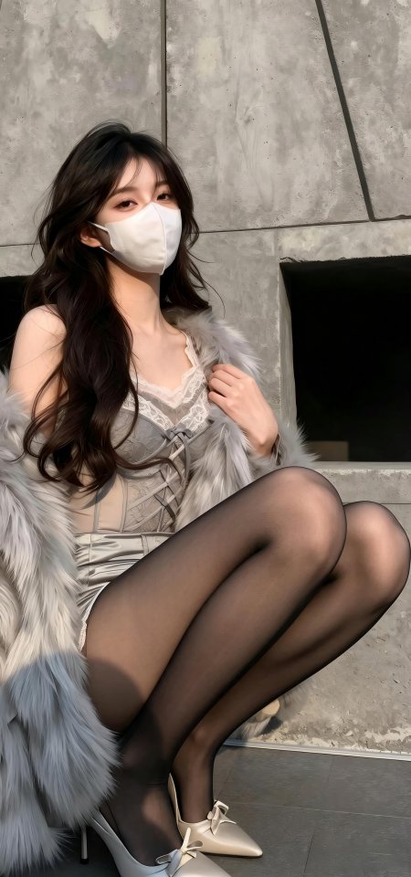 口罩皮草高跟街拍氛围美女手机壁纸