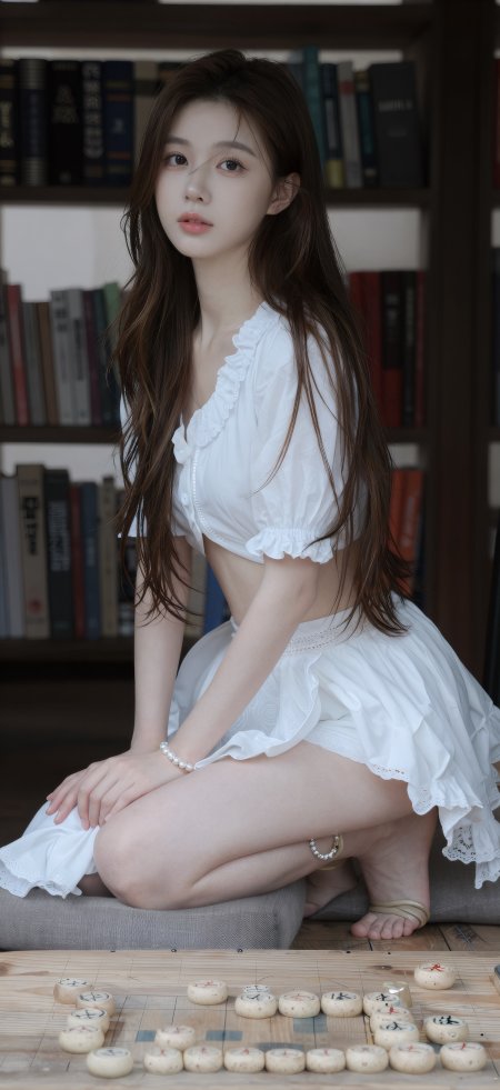 书架旁白裙象棋清纯美女手机壁纸