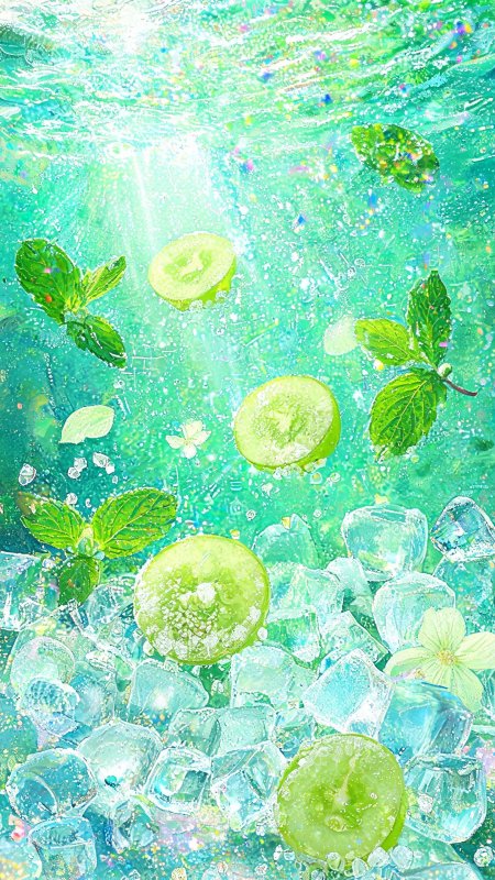 青柠薄荷冰块气泡清凉创意手机壁纸