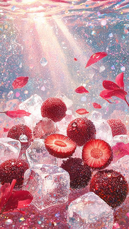 夏日杨梅冰块花瓣梦幻创意手机壁纸