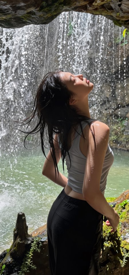 瀑布下湿发仰望清新美女手机壁纸