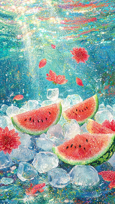 夏日西瓜冰块红花清凉创意手机壁纸