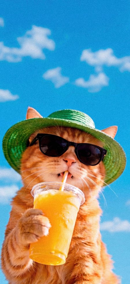 夏日橘猫墨镜喝冰饮动物手机壁纸