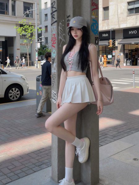 棒球帽百褶裙街头清新美女手机壁纸