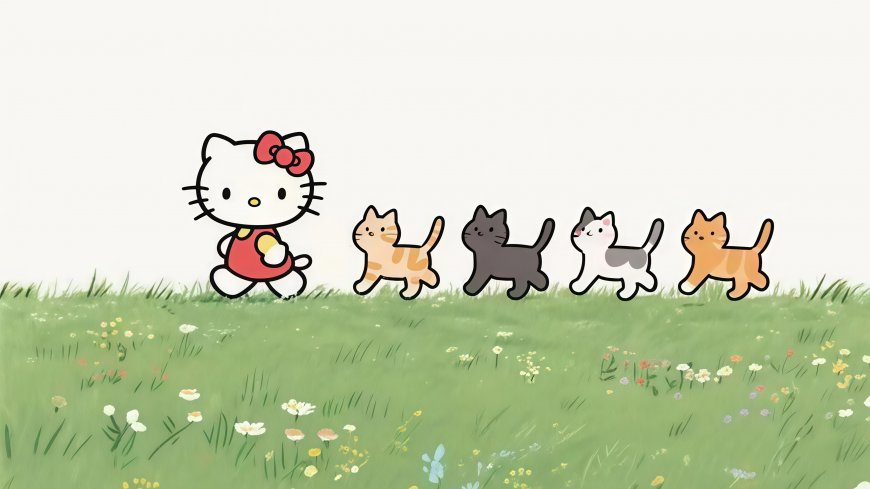 凯蒂猫带领小猫草地漫步可爱少女二次元动漫电脑壁纸