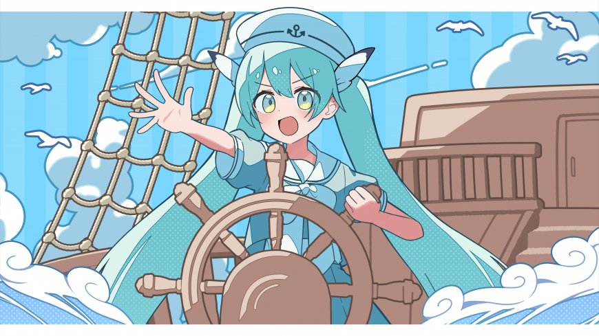 初音未来水手服掌舵航海少女二次元动漫电脑壁纸