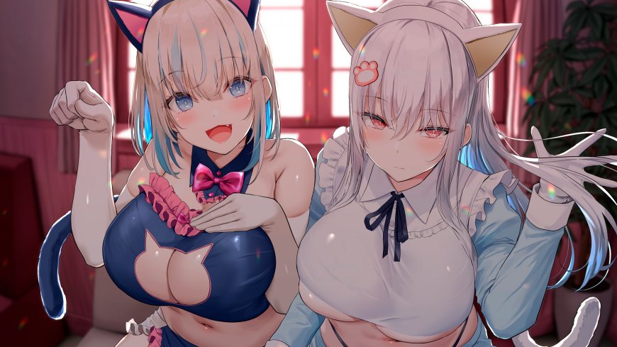 双猫耳少女比心卖萌合影二次元动漫电脑壁纸