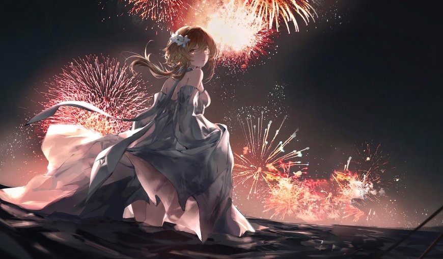原神荧夜空烟花回眸少女游戏电脑壁纸