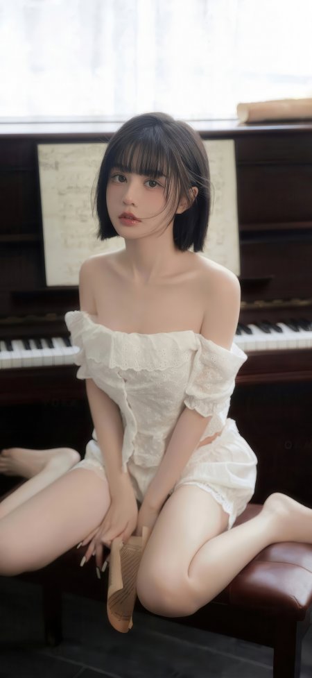 钢琴旁短发蕾丝清纯美女手机壁纸
