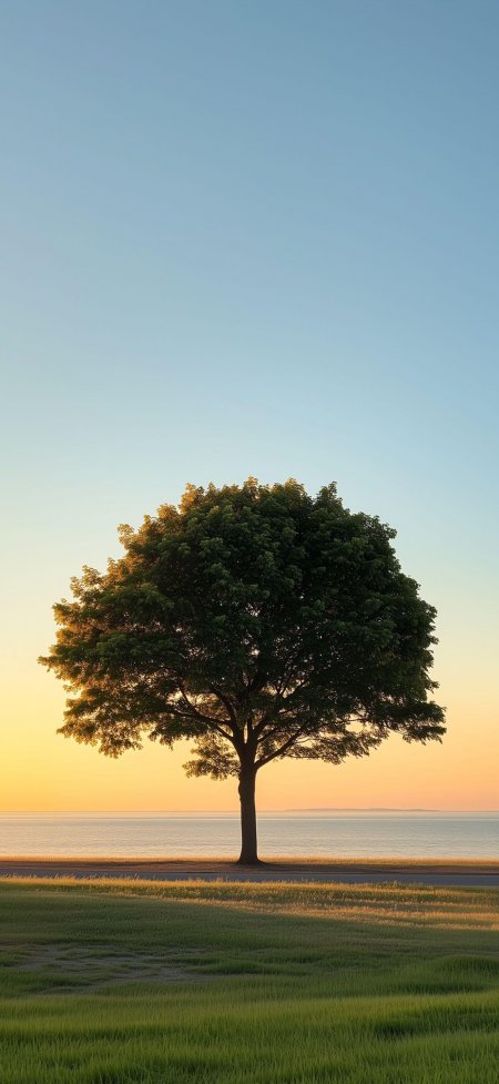 黄昏孤树湖畔剪影治愈风景手机壁纸