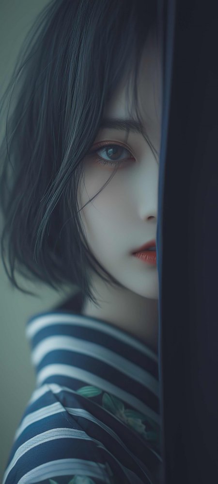 条纹和服半脸神秘少女动漫手机壁纸