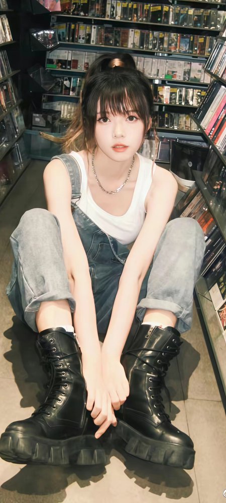 甜酷背带裤书店街拍美女手机壁纸