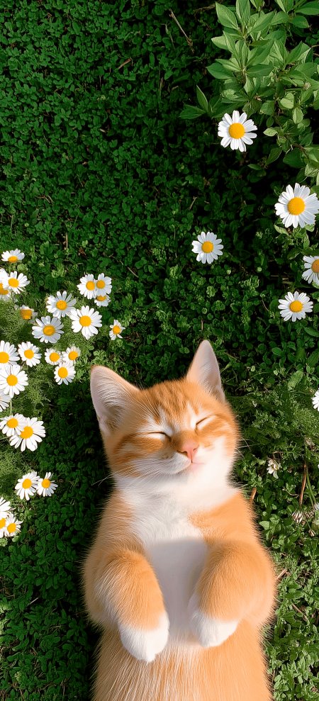 草地雏菊橘猫仰卧治愈动物手机壁纸