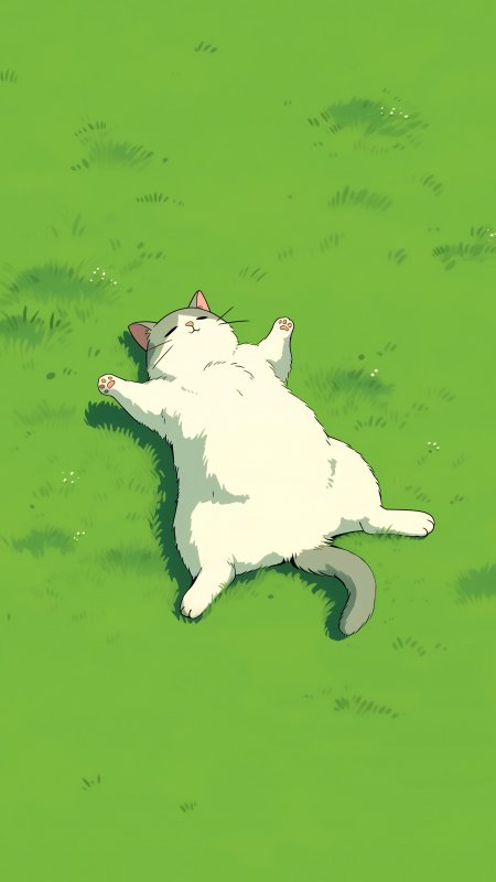 草地躺平晒太阳胖猫动漫手机壁纸