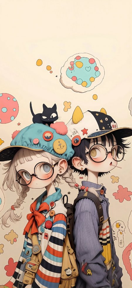双人眼镜少女少年涂鸦动漫手机壁纸