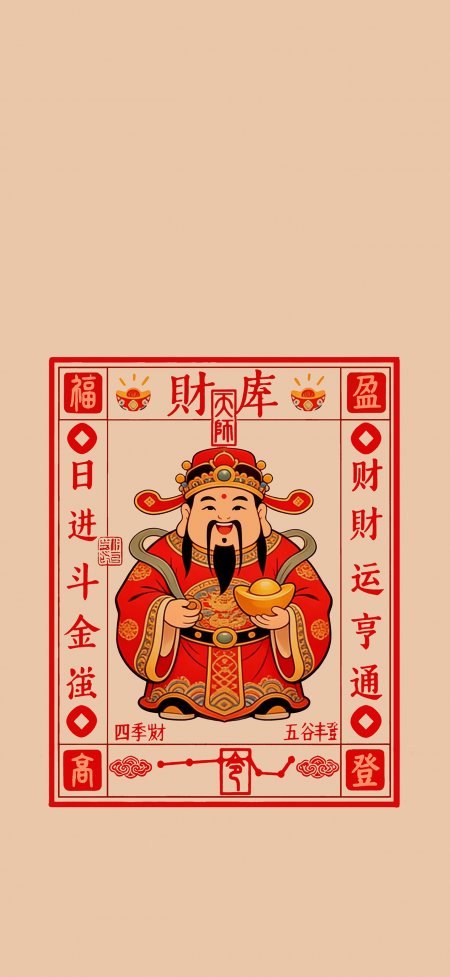 红色财神手捧元宝招财创意手机壁纸