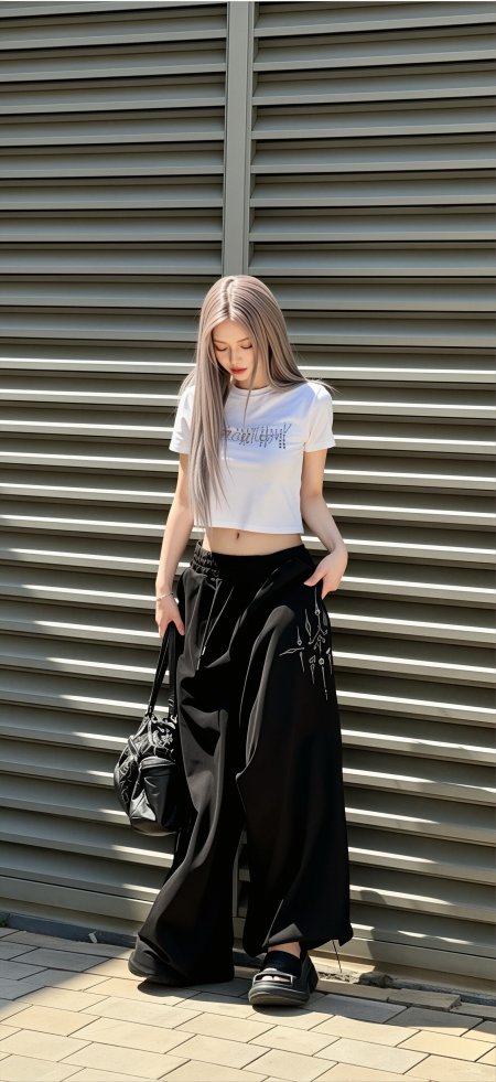 浅紫长发阔腿裤街拍美女手机壁纸