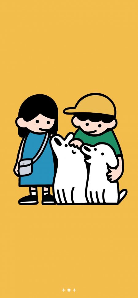 黄底孩童与双狗温馨合影动漫手机壁纸