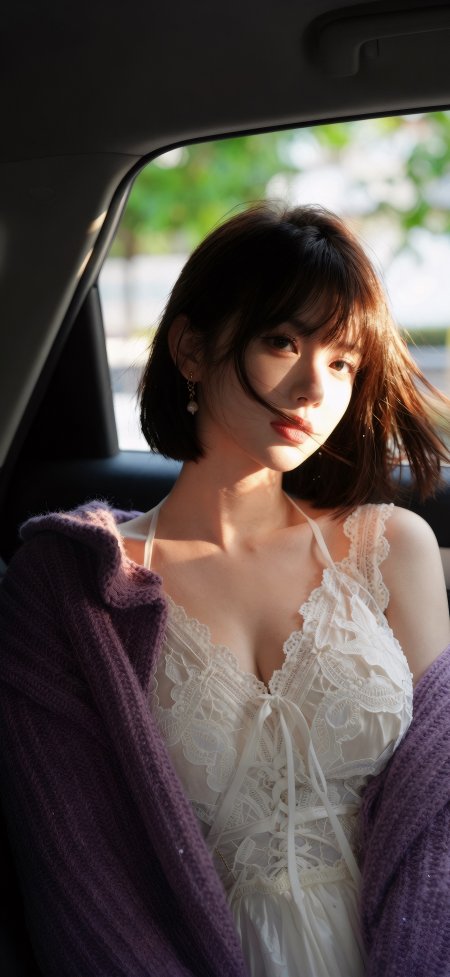 车内阳光短发蕾丝气质美女手机壁纸