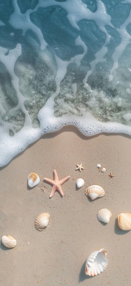 俯拍沙滩贝壳海星浪花风景手机壁纸