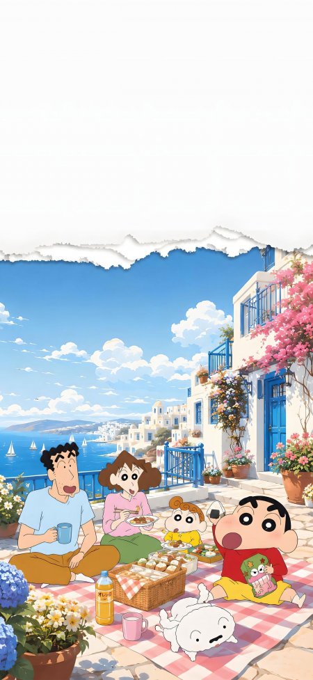蜡笔小新圣托里尼野餐动漫手机壁纸