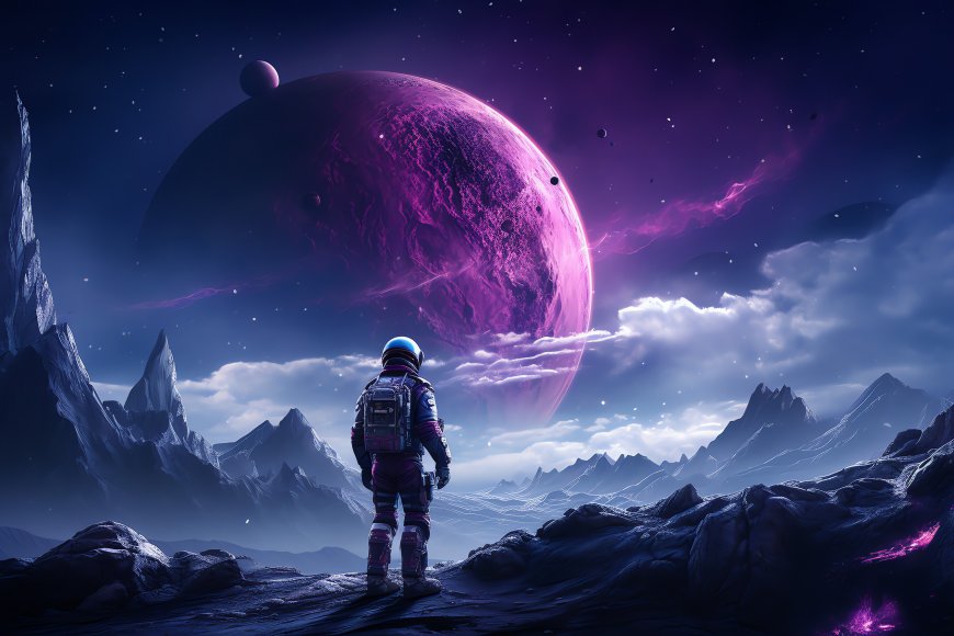 宇航员紫行星峭壁远眺太空探索科幻电脑壁纸