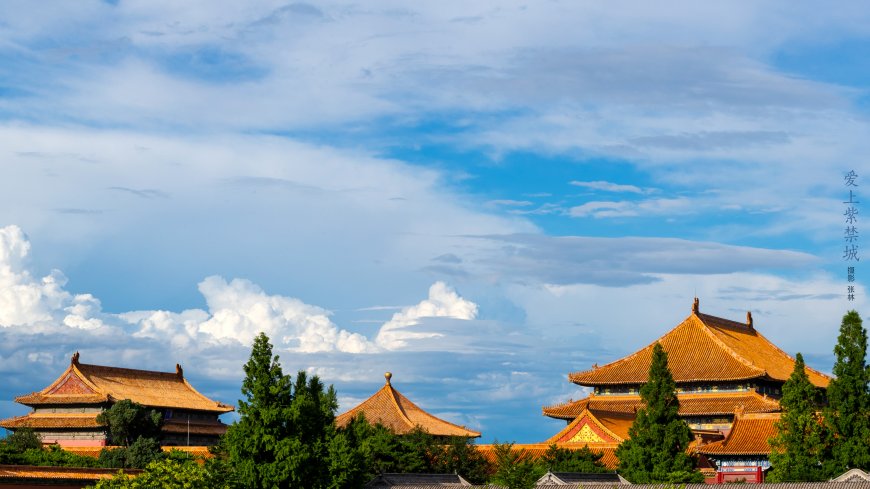 故宫黄瓦殿宇绿树蓝天白云古建风景电脑壁纸