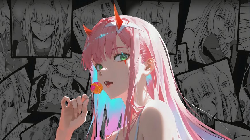 国家队零二粉发棒棒糖少女二次元动漫电脑壁纸