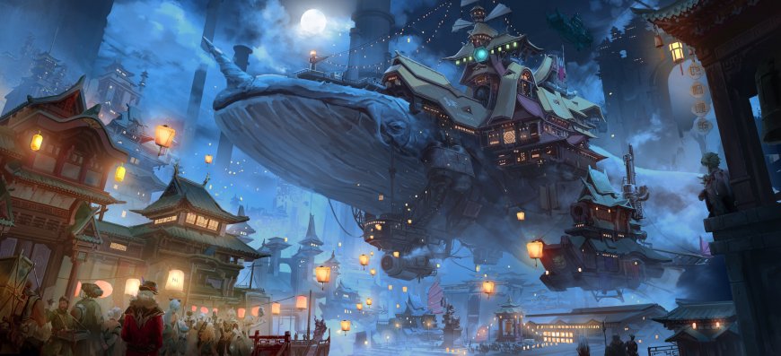 夜空飞鲸古城灯笼月下二次元风景电脑壁纸