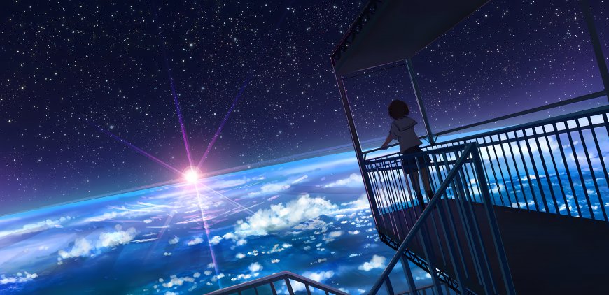 少女高空观景台俯瞰地球二次元风景电脑壁纸