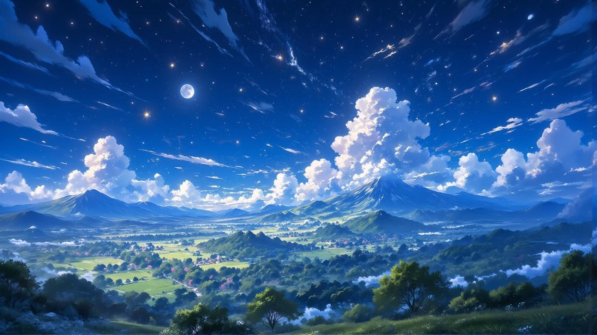 满月星空雪山云海田园夜色二次元风景电脑壁纸