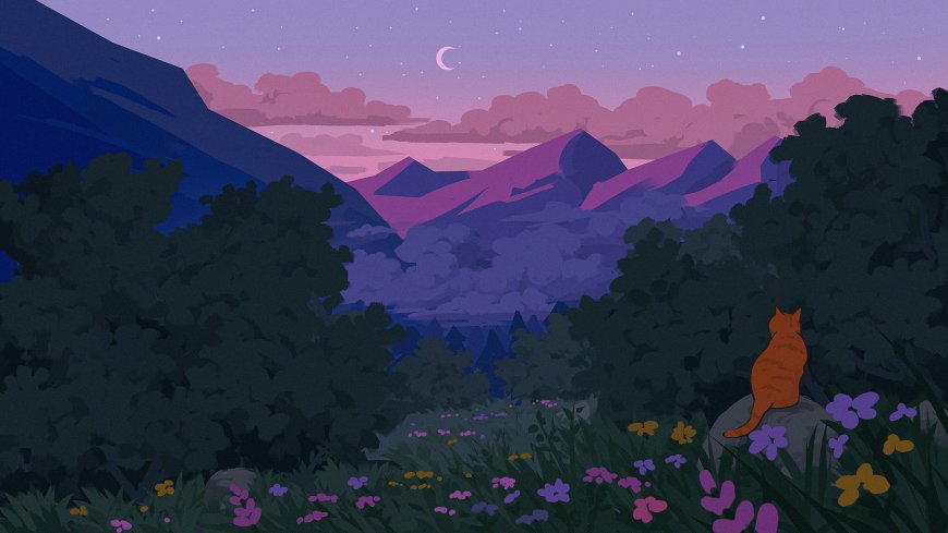 橘猫月夜山野花草治愈二次元风景电脑壁纸