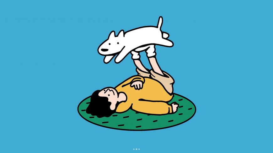 蓝底仰卧脚举白狗趣味动漫电脑壁纸