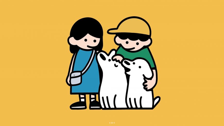 黄底少年少女与双狗动漫电脑壁纸