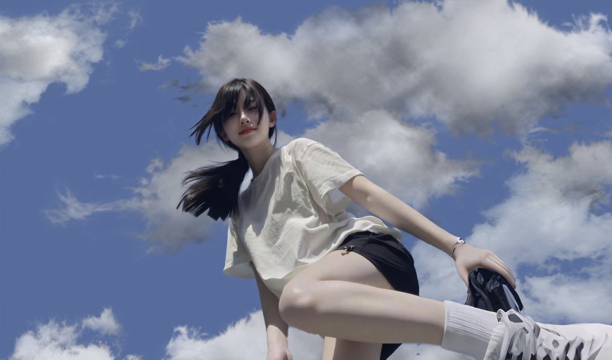 蓝天白云仰拍马尾运动清新人像摄影美女电脑壁纸