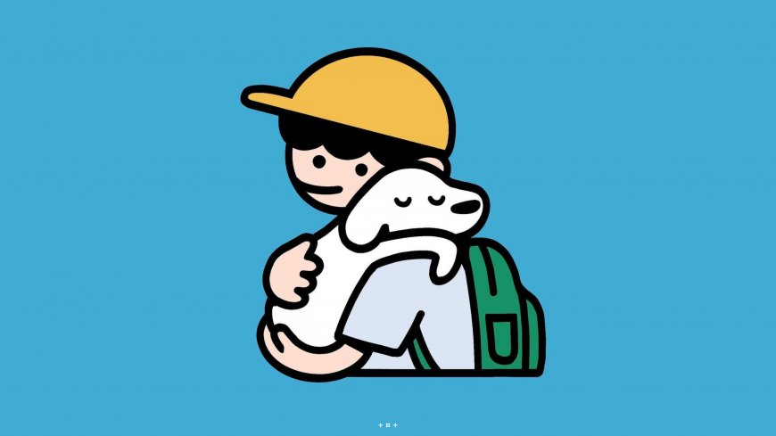 浅蓝黄帽男孩抱狗治愈动漫电脑壁纸
