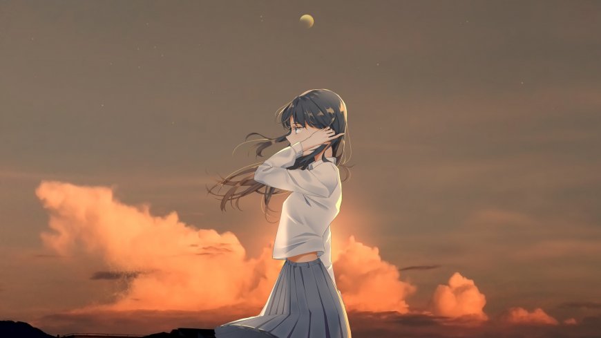 水手服少女夕阳彩云远眺二次元风景电脑壁纸