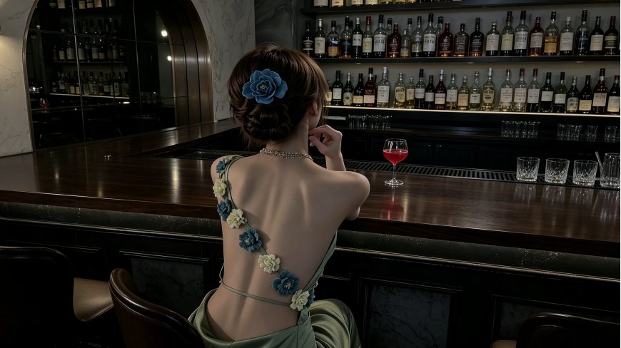 酒吧露背礼服蓝花发饰优雅背影摄影美女电脑壁纸