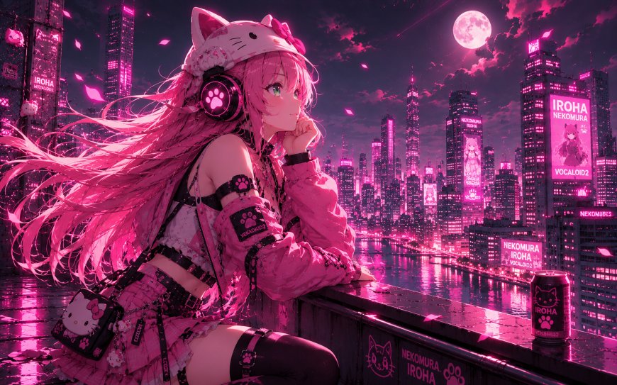 猫村伊吕波凯蒂猫霓虹夜景少女二次元动漫电脑壁纸