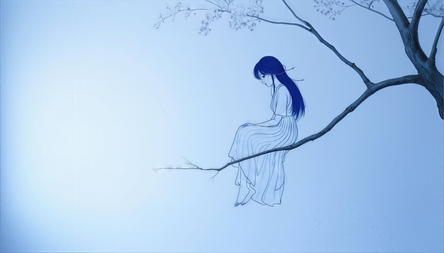 蓝色极简长发少女枝头静坐二次元动漫电脑壁纸