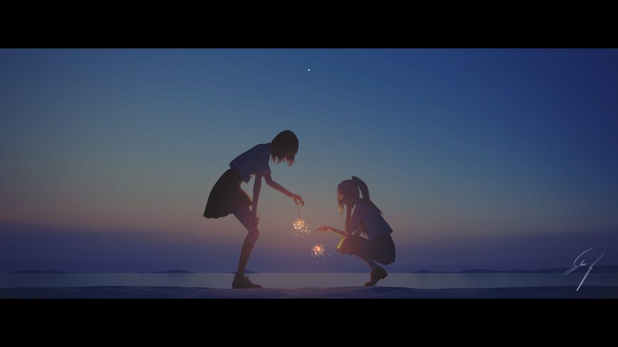 海边日落双人剪影烟花棒二次元动漫少女电脑壁纸