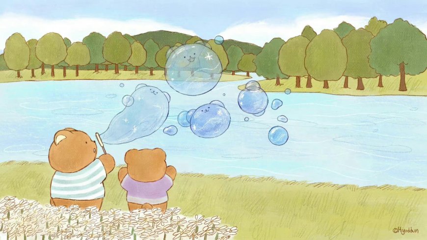 治愈手绘小熊河边吹泡泡创意电脑壁纸