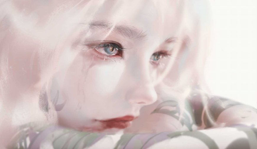 白发蓝眸泪痕忧郁梦幻少女二次元动漫电脑壁纸