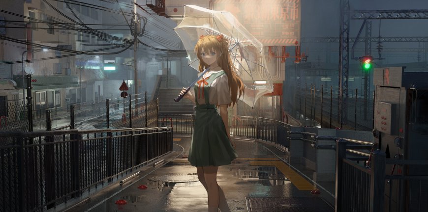 透明伞雨中天桥眺望少女二次元动漫电脑壁纸