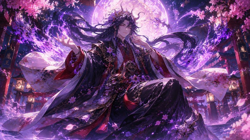 紫月光下长发魔王樱花鸟居二次元动漫电脑壁纸