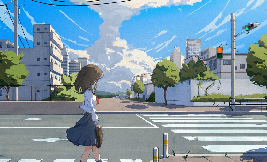 校服少女夏日蓝天白云斑马线二次元动漫电脑壁纸