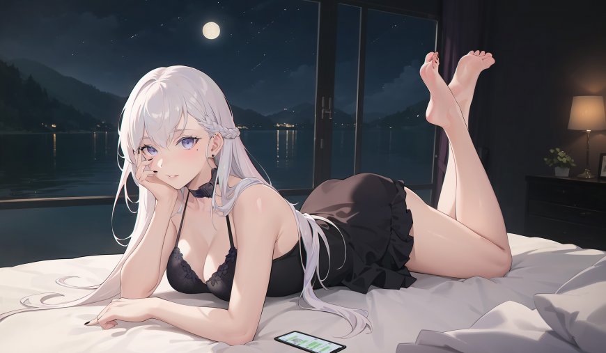 银发少女卧室月夜湖景窗边二次元动漫电脑壁纸