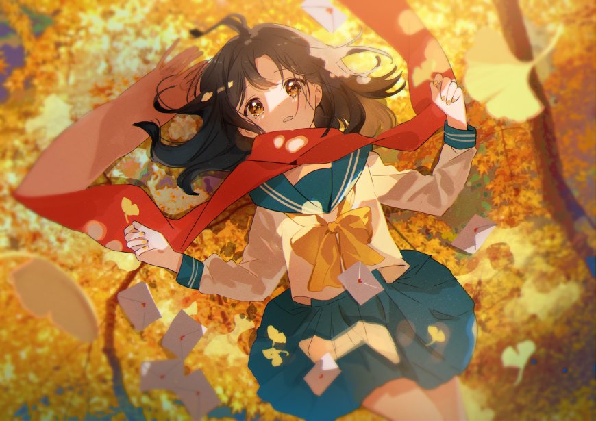 水手服银杏红围巾少女二次元动漫电脑壁纸