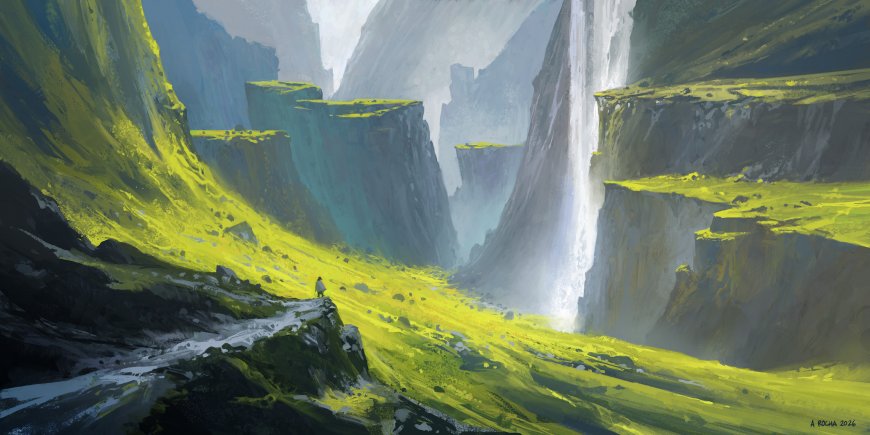 深谷瀑布绿崖旅人远望奇幻二次元风景电脑壁纸