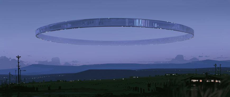 黄昏田野浮空巨型圆环神秘科幻电脑壁纸